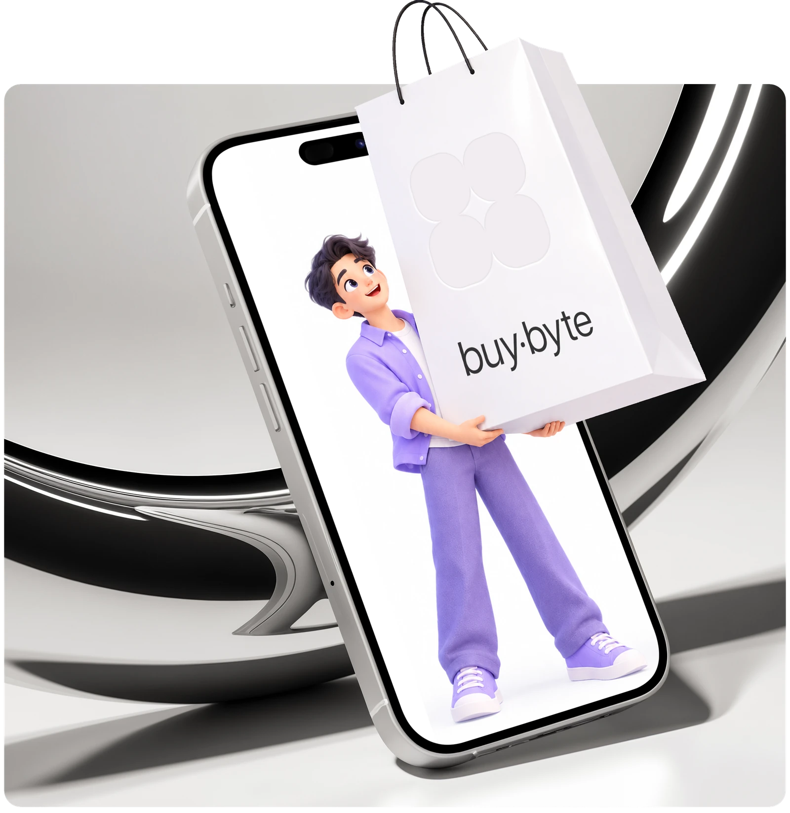 BuyByte shopping bag coming out of a phone