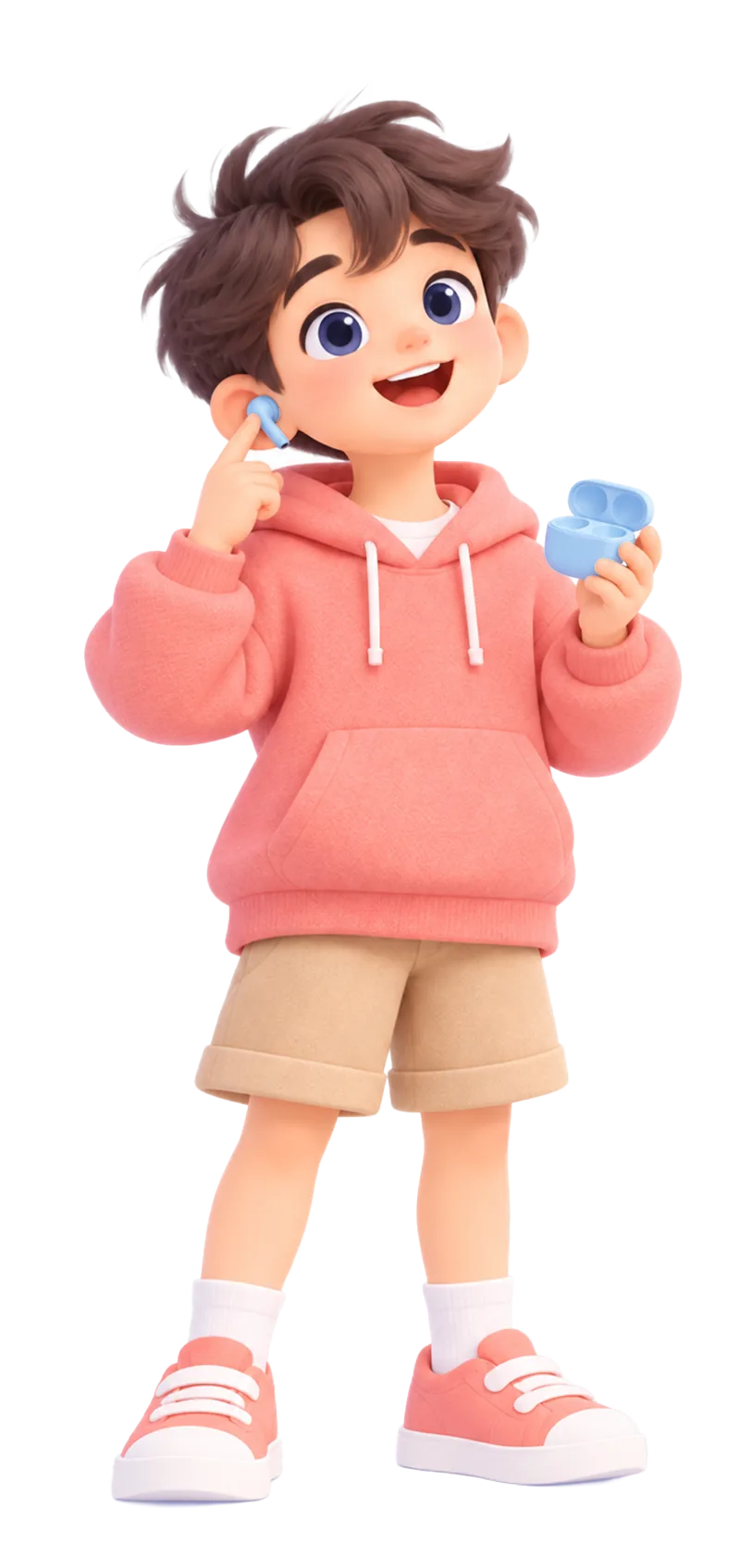 A BuyByte 3D character in a coral hoodie popping in wireless earbuds