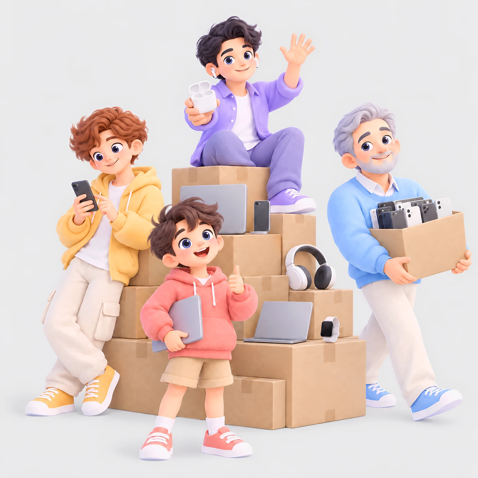 Four BuyByte 3D characters in coral, amber, sky and lilac around a stack of shipping boxes with laptops and phones; the lilac one on top wears AirPods, waves and holds an open AirPods case