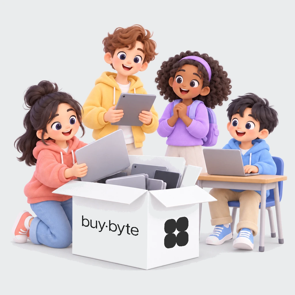 Kids opening a white BuyByte box full of laptops and tablets